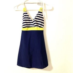 Blue White Striped One Piece Swimsuit Womens Size XL Nautical Skirt Tie Halter
